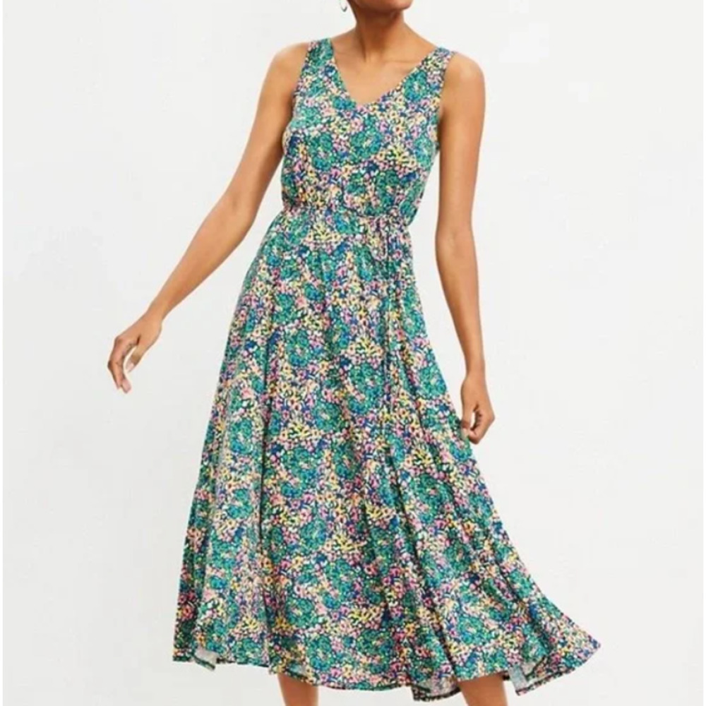 Loft Floral Godet Double V Midi Dress Small